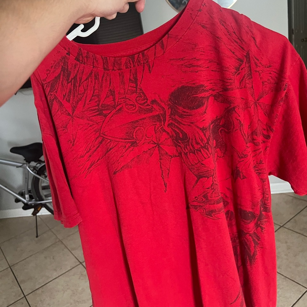 Affliction Red Short Sleeve Tee with Artistic Graphic